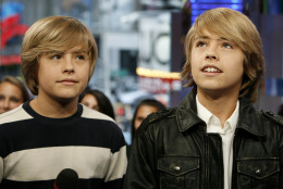 Actors Dylan Sprouse, left, and Cole Sprouse appear onstage during MTV's "Total Request Live" at the MTV Times Square Studios Tuesday, Oct. 14, 2008 in New York.  (AP Photo/Jason DeCrow)