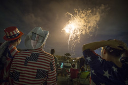 Spectators watch Fourth of July fireworks at Ault Park, Monday, July 4, 2016, in Cincinnati. (AP Photo/John Minchillo)