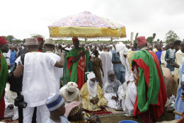 Nigeria Muslim chiefs attend the Eid al-Fitr prayers as Muslims around the world celebrate the end of the holy month of Ramadan, in Lagos, Nigeria, Wednesday, July 6, 2016. (AP Photo/Sunday Alamba)