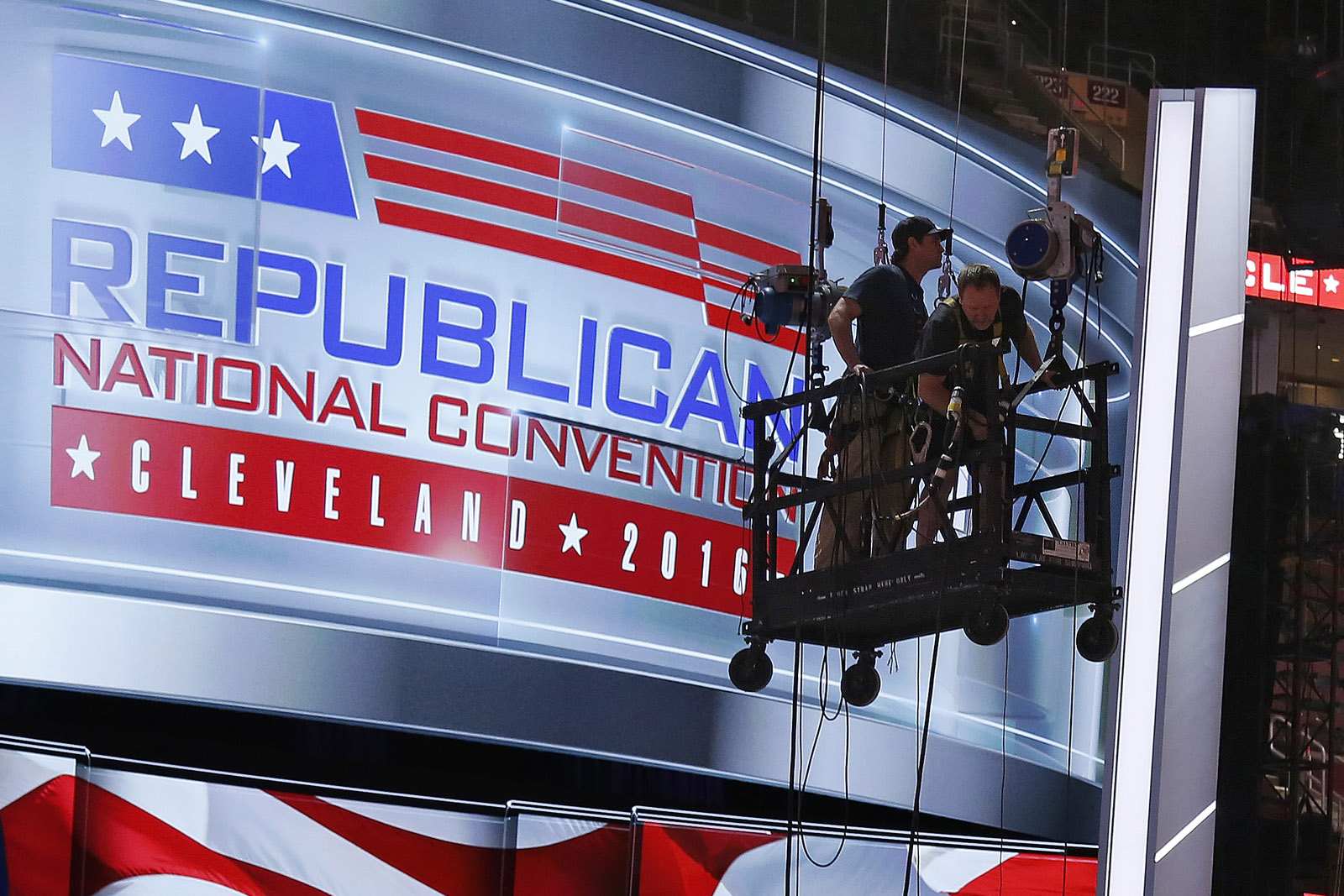 The main stage on the convention floor at the Quicken Loans Arena in downtown Cleveland, Ohio, is prepared for the upcoming Republican National Convention Wednesday, July 13, 2016. (AP Photo/Gene J. Puskar)