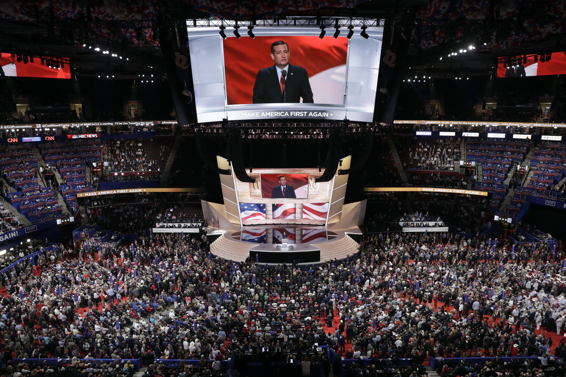 Sen. Ted Cruz, R-Tex., speaks during the third day session of the Republican National Convention in Cleveland, Wednesday, July 20, 2016. (AP Photo/John Locher)