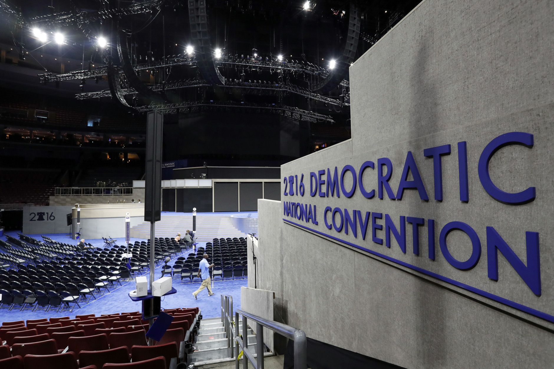 Work continues inside the convention hall before the Democratic National Convention, Saturday, July 23, 2016, in Philadelphia. (AP Photo/Alex Brandon)