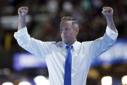 Former Democratic presidential candidate, former Maryland Gov. Martin O'Malley, pumps his arms after speaking at the third day session of the Democratic National Convention in Philadelphia, Wednesday, July 27, 2016. (AP Photo/Carolyn Kaster)