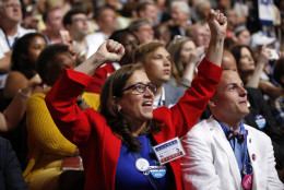 West Virginia delegate Natalie Tennant cheers during the third day session of the Democratic National Convention in Philadelphia, Wednesday, July 27, 2016. (AP Photo/Matt Rourke)