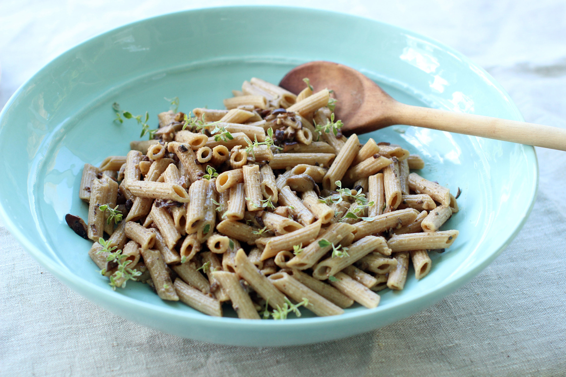 This July 20, 2015 photo shows mushroom miso pasta in Concord, N.H. This recipe tastes far richer, creamier and more sinful than it actually is. (AP Photo/Matthew Mead)