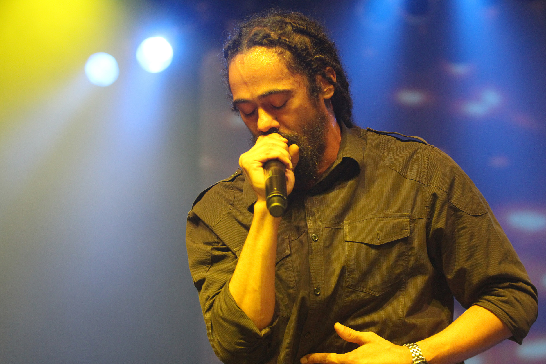 Damian Marley performs during the "Catch A Fire Tour 2015" stop at The Paramount in Huntington, Long Island on Tuesday, Sept. 1, 2015, in New York. (Photo by Donald Traill/Invision/AP)