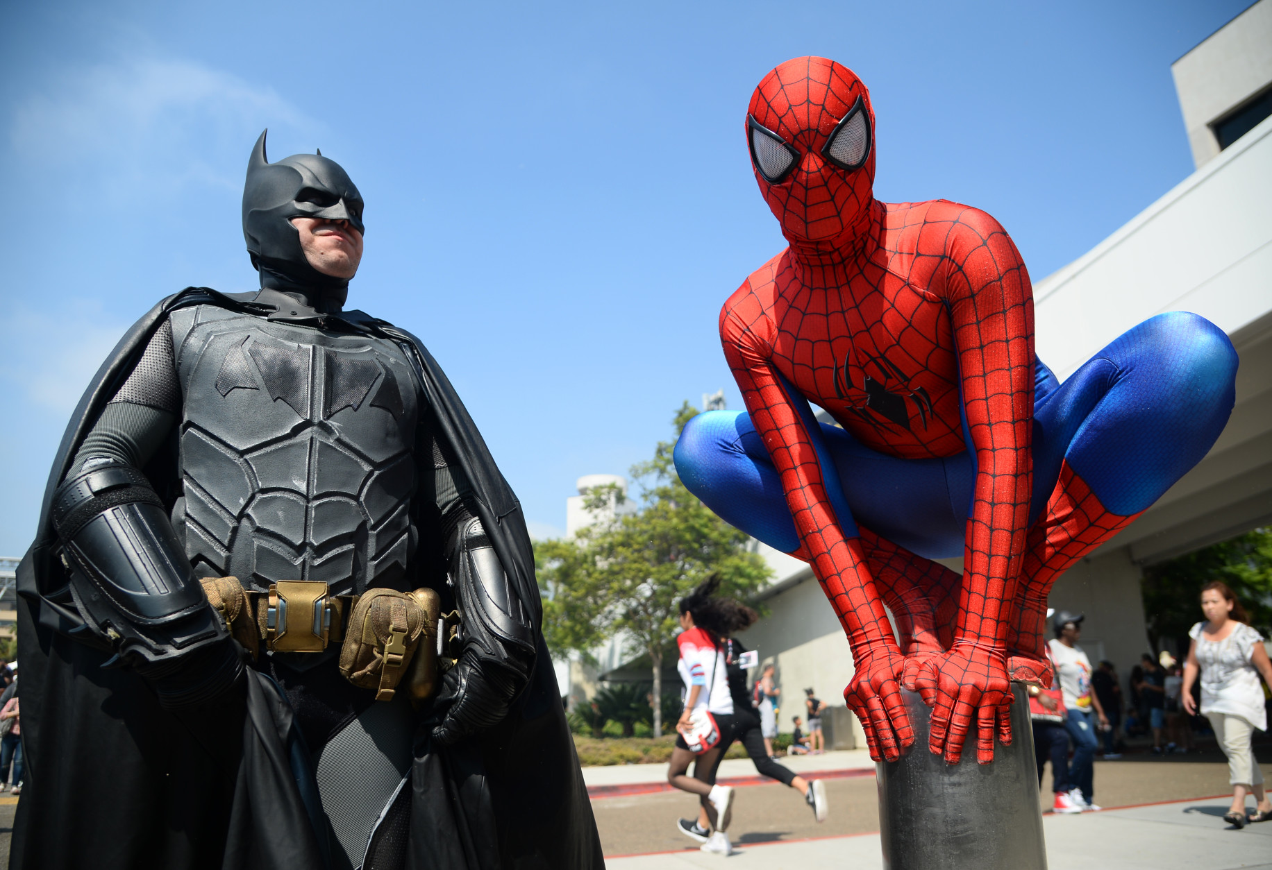 Dorian Black, left, dressed as Batman and Kyle Blankenfield as Spiderman on day 3 of Comic-Con International on Saturday, July 23, 2016, in San Diego. (Photo by Al Powers/Invision/AP)