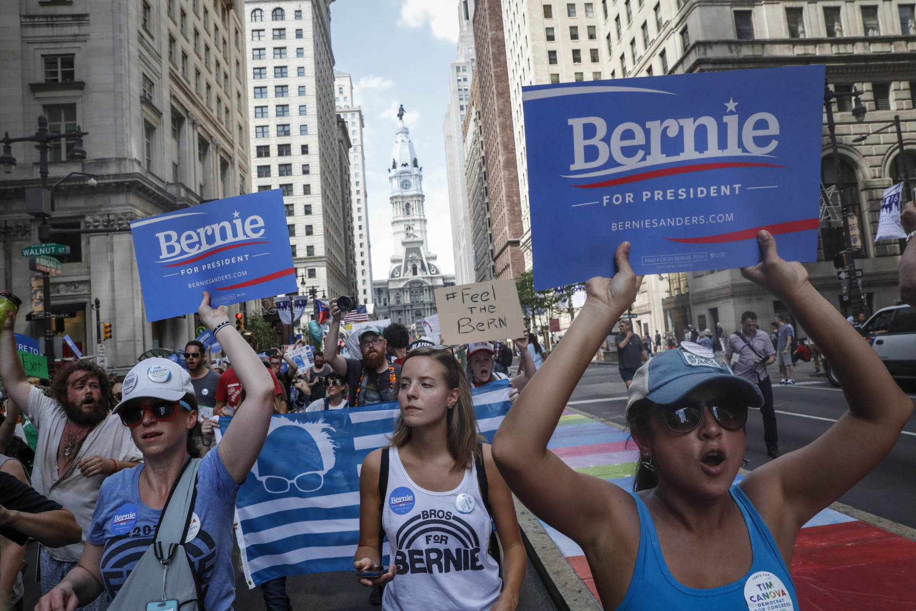 Supporters of Sen. Bernie Sanders, I-Vt., march during a protest in downtown on Sunday, July 24, 2016, in Philadelphia. The Democratic National Convention starts Monday in Philadelphia. (AP Photo/John Minchillo)