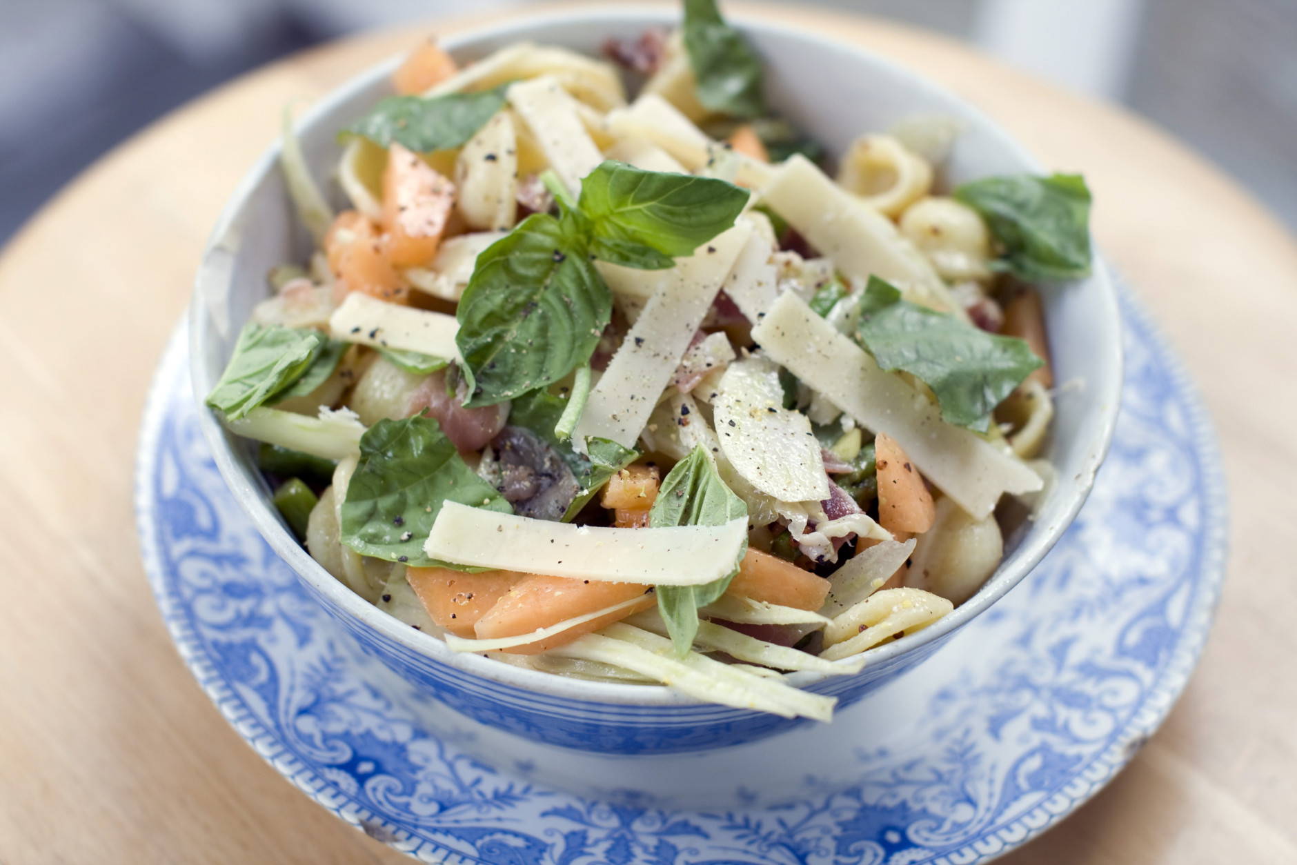 This July 29, 2013 photo shows prosciutto, cantaloupe, and orecchiette salad in Concord, N.H. A pasta salad should be easy. It should be a just-throw-the-ingredients-in-a-bowl kind of summer food that doesn't require too much messing around. (AP Photo/Matthew Mead)