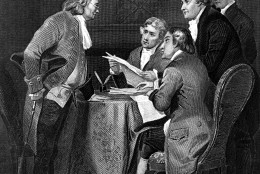 The committee chosen to draft a declaration of independence for the 13 North American British colonies is shown at work in this 19th century engraving.  The five members are, from left, Benjamin Franklin, Thomas Jefferson, John Adams, Philip Livingston and Roger Sherman.  On July 1, 1776, the committee submitted their draft to the Continental Congress, which voted on July 2  for final separation, and approved and formally adopted the Declaration of Independence on July 4.  (AP Photo)
