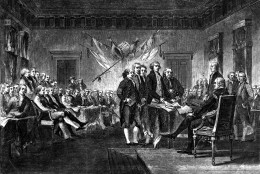 This undated engraving shows the scene on July 4, 1776 when the Declaration of Independence was approved by the Continental Congress in Philadelphia, Pa.  The document, drafted by Thomas Jefferson, Benjamin Franklin, John Adams, Philip Livingston and Roger Sherman, announces the separation of 13 North American British colonies from Great Britain.  The formal signing by 56 members of Congress began on Aug. 2.  (AP Photo)