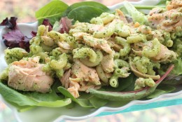This Feb. 1, 2016 photo shows pasta salad with salmon and creamy cilantro dressing in Concord, N.H. This delicious spring dish is easy to assemble and travels well, making it perfect for packed lunches and picnics. It also can be prepped in advance by poaching the fish and cooking the pasta the night before. (AP Photos/Matthew Mead)