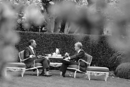 Egyptian President Anwar Sadat, left, and President Jimmy Carter have a lunch in the Rose Garden of the White House in Washington on April 8, 1980. Sadat is meeting with Carter trying to break through the stalled peace talks with Israel. (AP Photo)