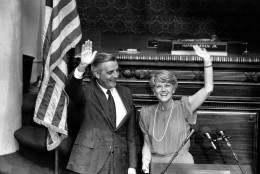 Vice Presidential candidate Walter Mondale, left, and congresswoman Geraldine Ferraro wave after Mondale announced Ferraro as his running mate in the chamber of the Minneapolis House of Representatives, St. Paul, Minn., July 12, 1984.  Ferraro becomes the first female vice presidential candidate of a major party in the history of the United States.  (AP Photo/Tom Olmscheid)