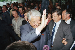 Russian leader and presidential candidate Boris Yeltsin waves to supporters after a campaign speech in Moscow, Saturday, June 1, 1991. During his speech, Yeltsin promised to meet with church officials to negotiate the return of church land confiscated by the communist party. (AP Photo/Alexander Zemlianichenko)