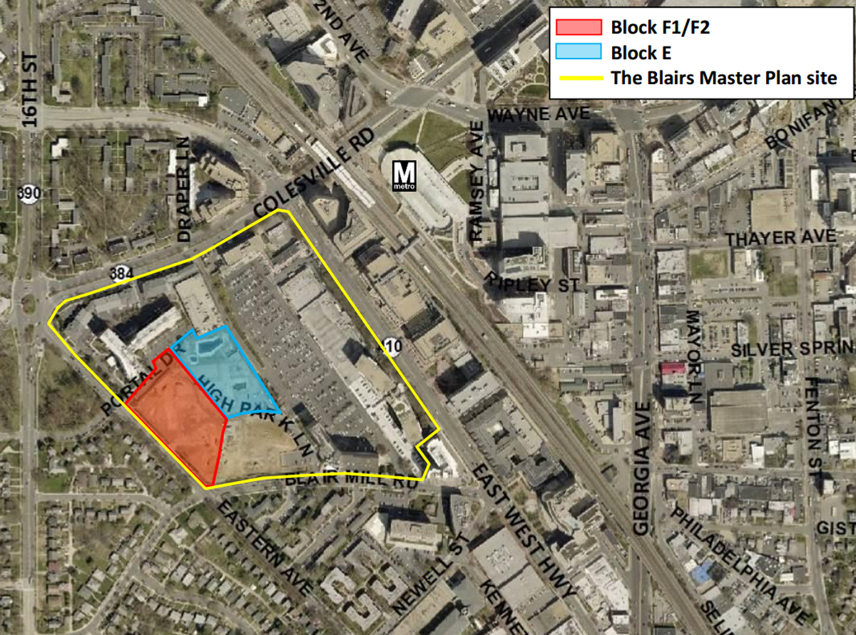 An aerial view of the site where a temporary park will be built. The site is close to the SIlver Spring Metro station. (Courtesy Montgomery County Planning Department)