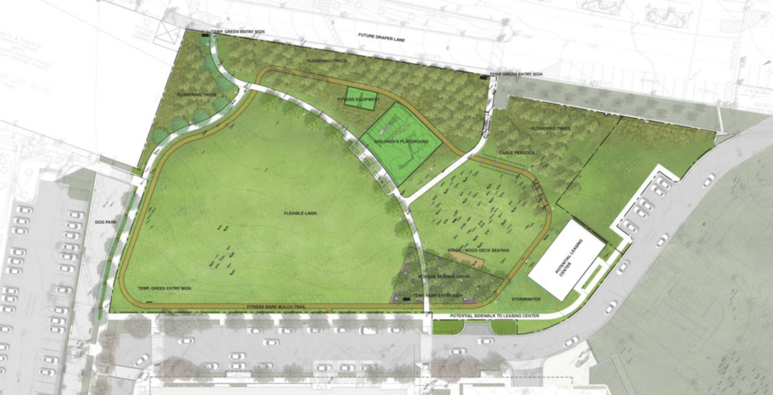 A conceptual rendering of the proposed site plan for a temporary park being built near the Silver Spring Metro station. Sri Velamati, chief operating officer at the Tower Companies, said the park will include a jogging trail and hold events such as a summer concert series. (Courtesy Montgomery County Planning Department)
