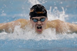 Jack Conger competes in the finals of the men's 200-meter butterfly at the Longhorn Aquatics Elite Invite swimming event, Sunday, June 5, 2016, in Austin, Texas. (AP Photo/Eric Gay)