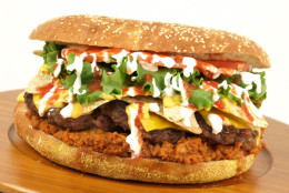 The original West Michigan food item that drew national attention, the Fifth Third Burger: five third-pound beef patties, lettuce, two types of cheese, chips and chili on an eight-inch bun. (Courtesy: West Michigan Whitecaps)