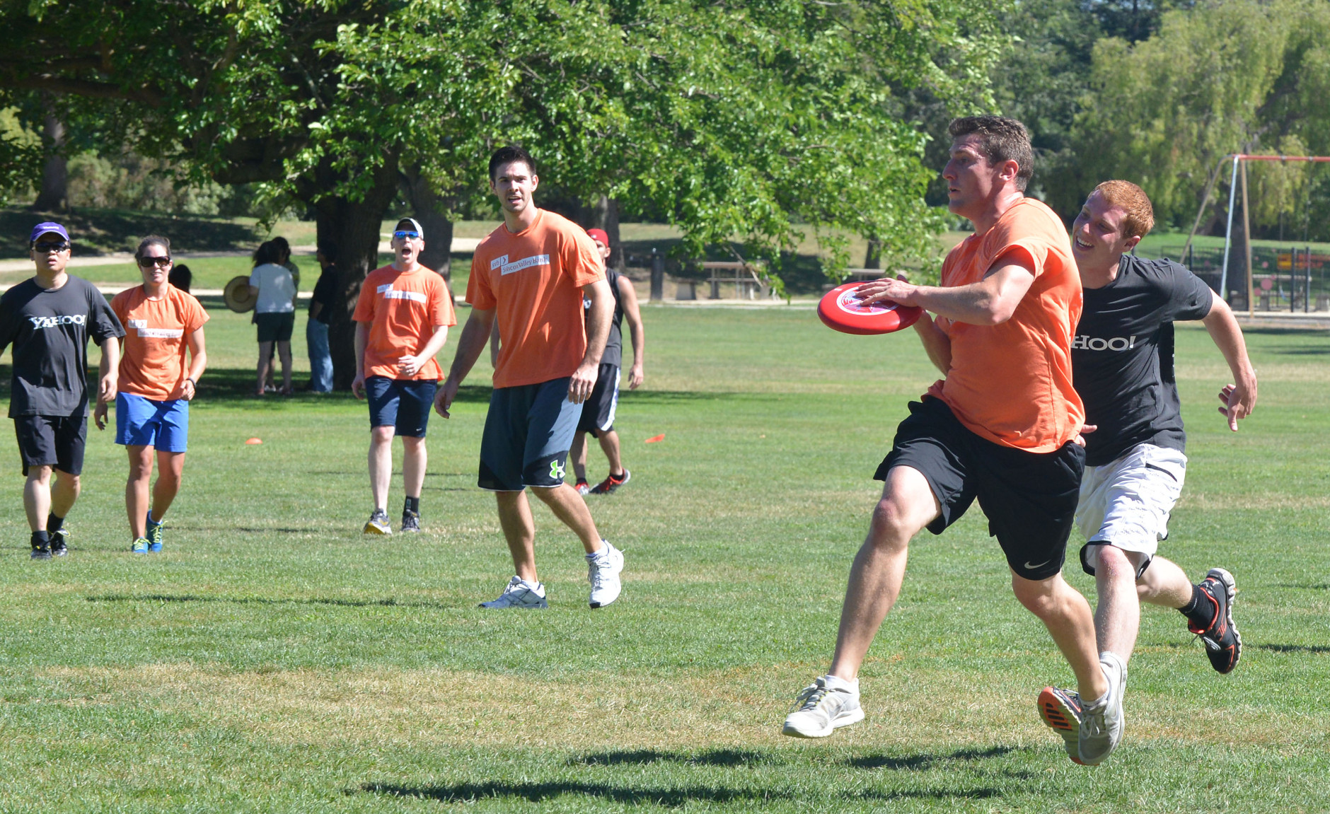 PALO ALTO, CA - JULY 13:  Team Yahoo and Silicon Valley Bank members play Ultimate Frisbee during the Founder Institute's Silicon Valley Sports League event on July 13, 2013 in Palo Alto, California.  (Photo by C Flanigan/Getty Images)