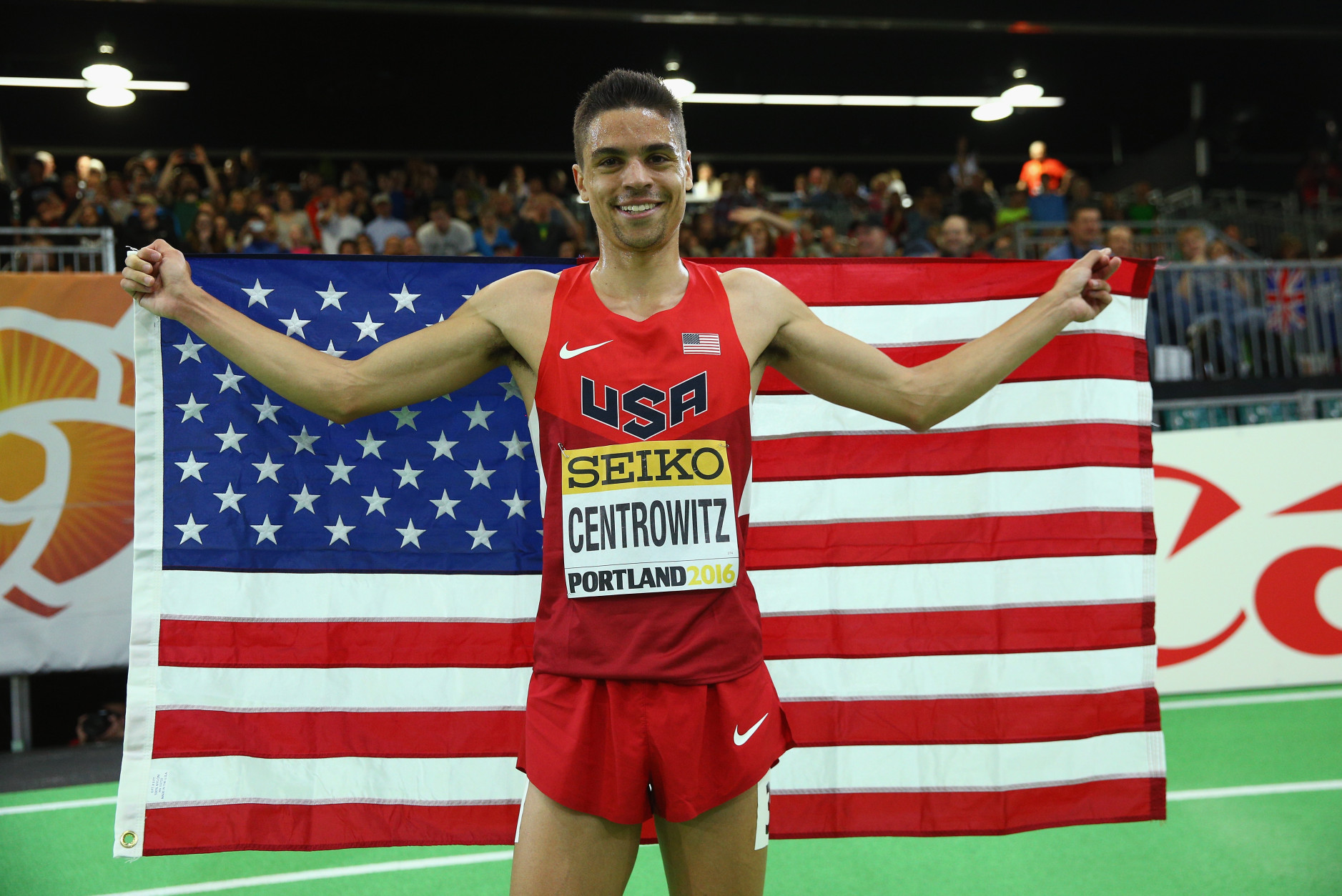PORTLAND, OR - MARCH 20:  Matthew Centrowitz of the United States wins gold in the Men's 1500 Metres Final during day four of the IAAF World Indoor Championships at Oregon Convention Center on March 20, 2016 in Portland, Oregon.  (Photo by Ian Walton/Getty Images for IAAF)