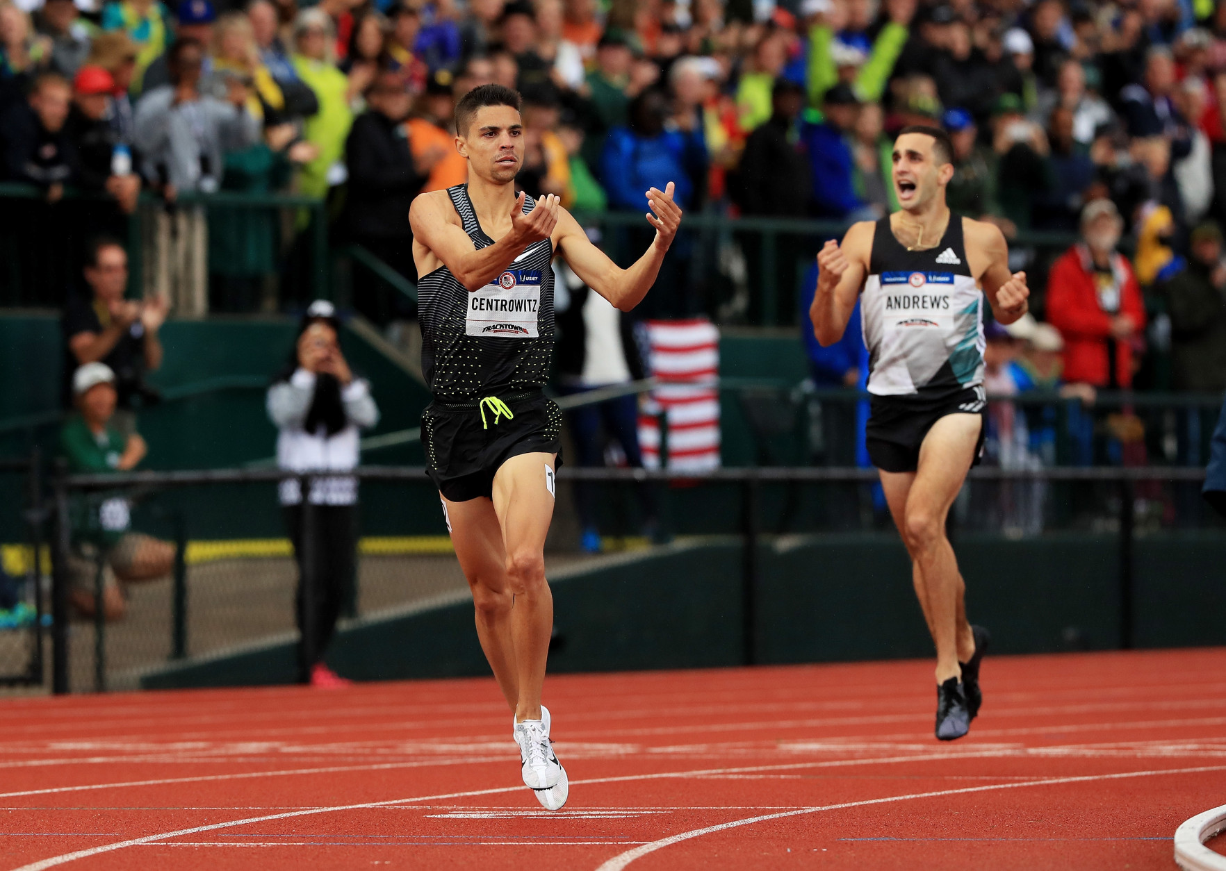 EUGENE, OR - JULY 10:  Matthew Centrowitz crosses the finishline to place first in the Men's 1500 Meter Final during the 2016 U.S. Olympic Track &amp; Field Team Trials at Hayward Field on July 10, 2016 in Eugene, Oregon.  (Photo by Cliff Hawkins/Getty Images)
