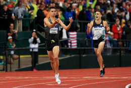 EUGENE, OR - JULY 10:  Matthew Centrowitz crosses the finishline to place first in the Men's 1500 Meter Final during the 2016 U.S. Olympic Track &amp; Field Team Trials at Hayward Field on July 10, 2016 in Eugene, Oregon.  (Photo by Cliff Hawkins/Getty Images)