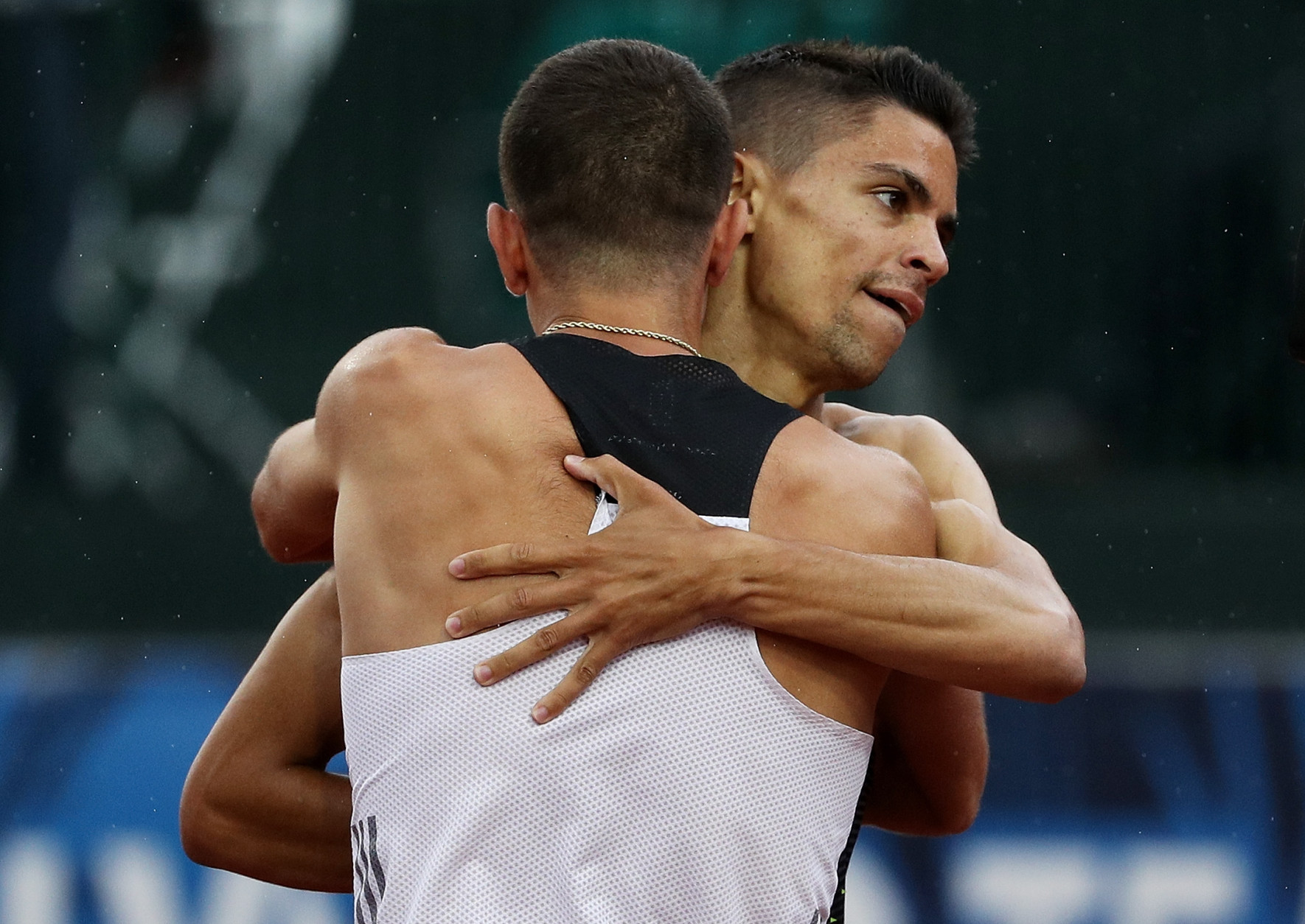 EUGENE, OR - JULY 10:  Matthew Centrowitz, first place, celebrates with Robby Andrews, second place, after the Men's 1500 Meter Final during the 2016 U.S. Olympic Track &amp; Field Team Trials at Hayward Field on July 10, 2016 in Eugene, Oregon.  (Photo by Patrick Smith/Getty Images)