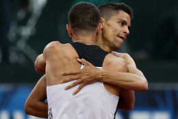 EUGENE, OR - JULY 10:  Matthew Centrowitz, first place, celebrates with Robby Andrews, second place, after the Men's 1500 Meter Final during the 2016 U.S. Olympic Track &amp; Field Team Trials at Hayward Field on July 10, 2016 in Eugene, Oregon.  (Photo by Patrick Smith/Getty Images)
