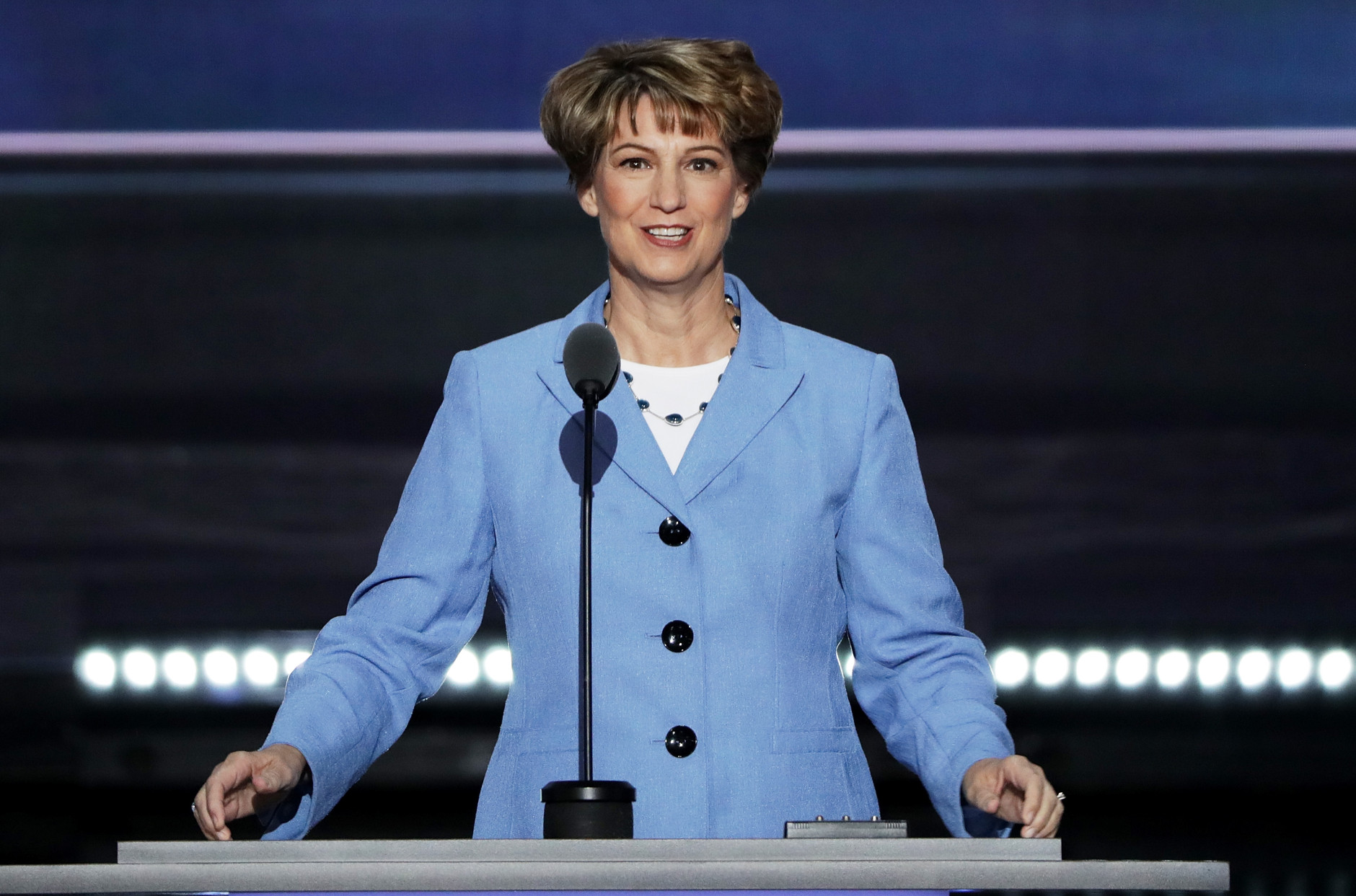 CLEVELAND, OH - JULY 20: Retired Col. Eileen Collins, former NASA Astronaut, delivers a speech on the third day of the Republican National Convention on July 20, 2016 at the Quicken Loans Arena in Cleveland, Ohio. Republican presidential candidate Donald Trump received the number of votes needed to secure the party's nomination. An estimated 50,000 people are expected in Cleveland, including hundreds of protesters and members of the media. The four-day Republican National Convention kicked off on July 18. (Photo by Alex Wong/Getty Images)