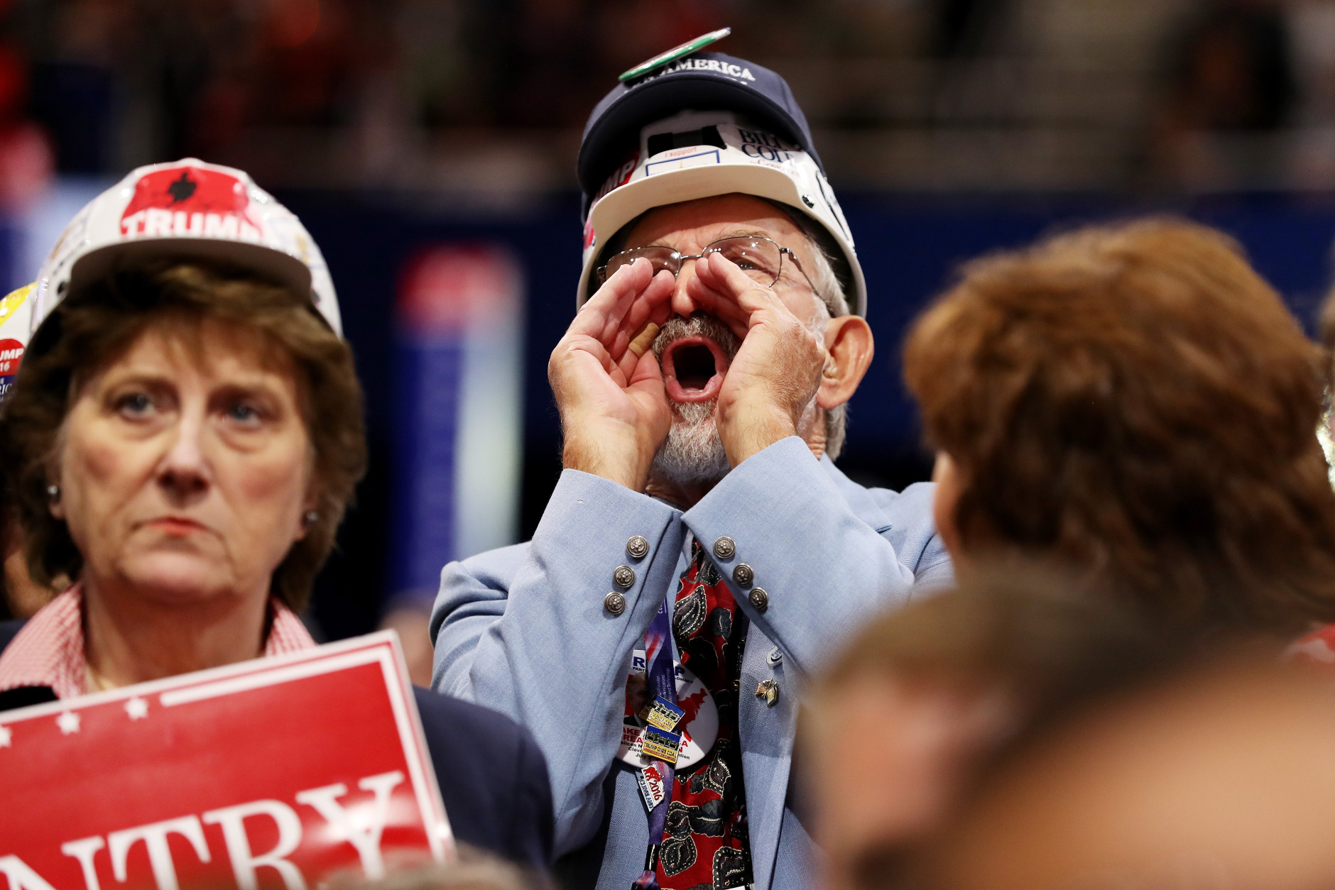 CLEVELAND, OH - JULY 20: A delegate shouts during the third day of the Republican National Convention on July 20, 2016 at the Quicken Loans Arena in Cleveland, Ohio. Republican presidential candidate Donald Trump received the number of votes needed to secure the party's nomination. An estimated 50,000 people are expected in Cleveland, including hundreds of protesters and members of the media. The four-day Republican National Convention kicked off on July 18. (Photo by John Moore/Getty Images)