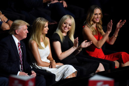 CLEVELAND, OH - JULY 20:  (L-R) Republican presidential candidate Donald Trump, Ivanka Trump, Tiffany Trump and Lara Yunaska attend the third day of the Republican National Convention on July 20, 2016 at the Quicken Loans Arena in Cleveland, Ohio. Republican presidential candidate Donald Trump received the number of votes needed to secure the party's nomination. An estimated 50,000 people are expected in Cleveland, including hundreds of protesters and members of the media. The four-day Republican National Convention kicked off on July 18.  (Photo by Jeff J Mitchell/Getty Images)