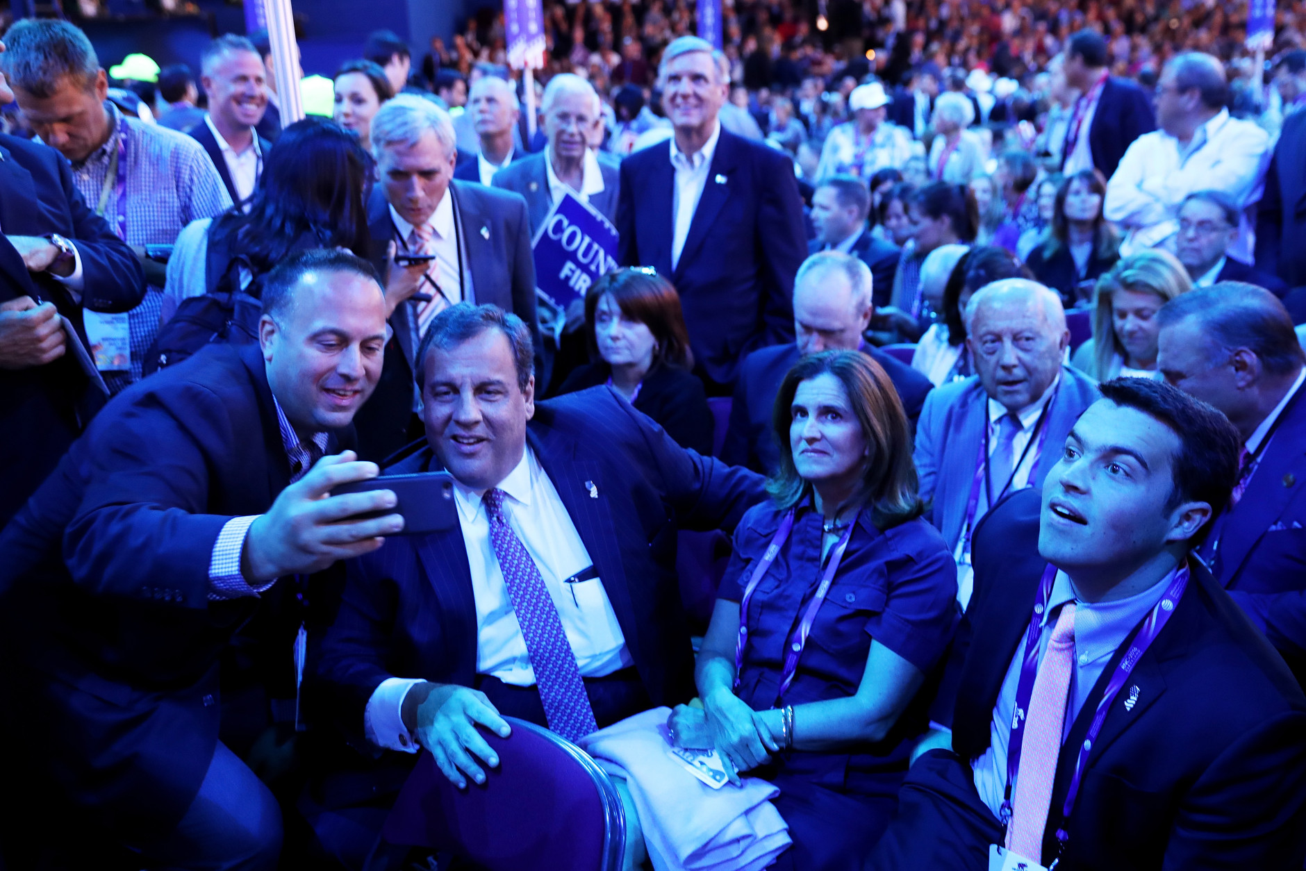 CLEVELAND, OH - JULY 20:  New Jersey Gov. Chris Christie takes a photo with delegates on the third day of the Republican National Convention on July 20, 2016 at the Quicken Loans Arena in Cleveland, Ohio. Republican presidential candidate Donald Trump received the number of votes needed to secure the party's nomination. An estimated 50,000 people are expected in Cleveland, including hundreds of protesters and members of the media. The four-day Republican National Convention kicked off on July 18. (Photo by John Moore/Getty Images)