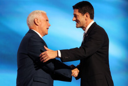 CLEVELAND, OH - JULY 20:  Speaker of the House Paul Ryan shakes the hand of Republican Vice Presidential candidate Mike Pence as he walks on stage to deliver a speech on the third day of the Republican National Convention on July 20, 2016 at the Quicken Loans Arena in Cleveland, Ohio. Republican presidential candidate Donald Trump received the number of votes needed to secure the party's nomination. An estimated 50,000 people are expected in Cleveland, including hundreds of protesters and members of the media. The four-day Republican National Convention kicked off on July 18.  (Photo by John Moore/Getty Images)