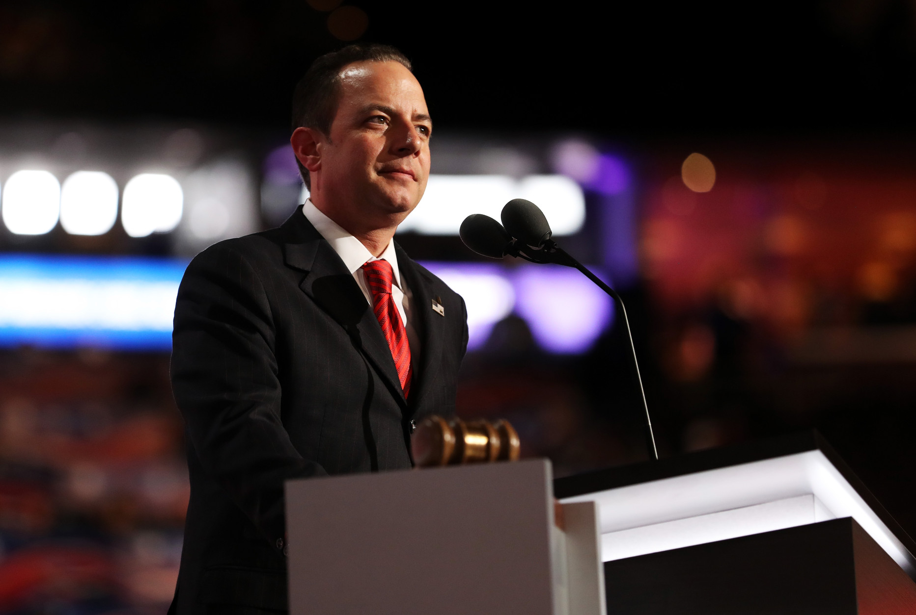 CLEVELAND, OH - JULY 20: Reince Priebus, chairman of the Republican National Committee, concludes the third day of the Republican National Convention on July 20, 2016 at the Quicken Loans Arena in Cleveland, Ohio. Republican presidential candidate Donald Trump received the number of votes needed to secure the party's nomination. An estimated 50,000 people are expected in Cleveland, including hundreds of protesters and members of the media. The four-day Republican National Convention kicked off on July 18. (Photo by John Moore/Getty Images)