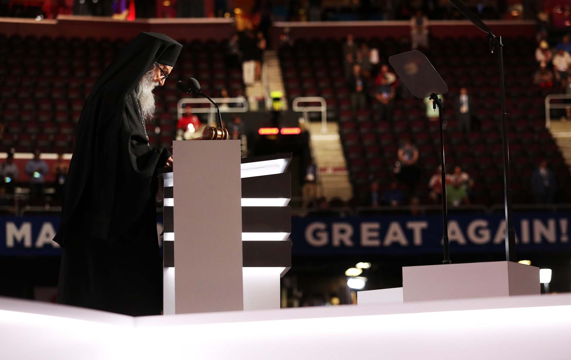 CLEVELAND, OH - JULY 20: Archbishop Demetrios delivers the closing prayer on the third day of the Republican National Convention on July 20, 2016 at the Quicken Loans Arena in Cleveland, Ohio. Republican presidential candidate Donald Trump received the number of votes needed to secure the party's nomination. An estimated 50,000 people are expected in Cleveland, including hundreds of protesters and members of the media. The four-day Republican National Convention kicked off on July 18. (Photo by John Moore/Getty Images)