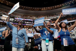 PHILADELPHIA, PA - JULY 25:  Delegates cheer on the first day of the Democratic National Convention at the Wells Fargo Center, July 25, 2016 in Philadelphia, Pennsylvania. An estimated 50,000 people are expected in Philadelphia, including hundreds of protesters and members of the media. The four-day Democratic National Convention kicked off July 25.  (Photo by Drew Angerer/Getty Images)