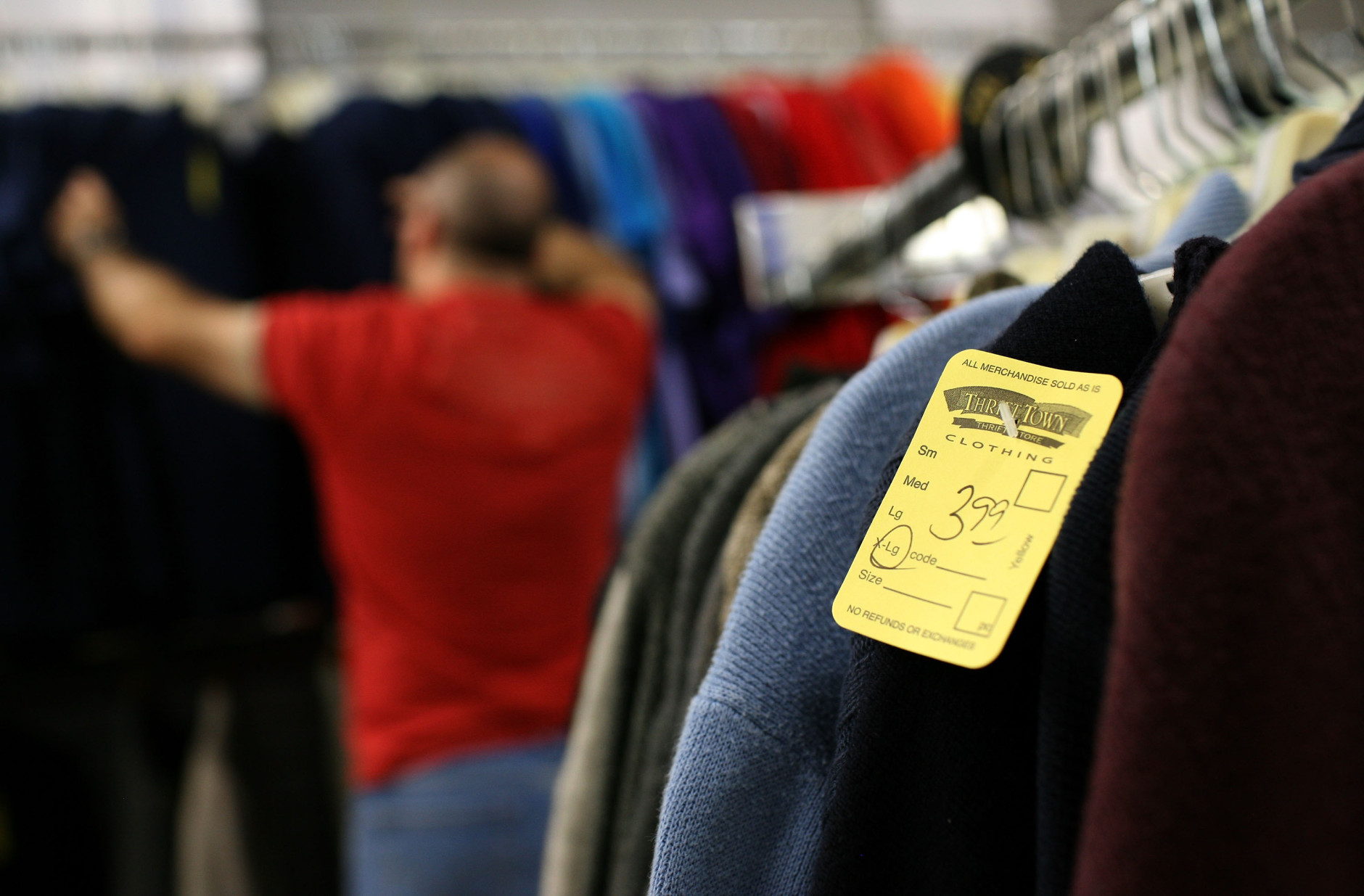SAN FRANCISCO - OCTOBER 14:  A price tag is seen on a sweater at a Thrift Town thrift store October 14, 2008 in San Francisco, California. As the economy continues to falter, thrift stores are seeing a surge in business as Ameicans look for ways to save money.  (Photo by Justin Sullivan/Getty Images)