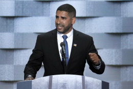 Medal of Honor recipient U.S. Army Capt. Florent Groberg, (Ret.) speaks during the final day of the Democratic National Convention in Philadelphia , Thursday, July 28, 2016. (AP Photo/J. Scott Applewhite)
