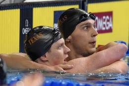 Townley Haas, left, celebrates with Clark Smith, right, after winning the men's 200-meter freestyle at the U.S. Olympic swimming trials, Tuesday, June 28, 2016, in Omaha, Neb. (AP Photo/Mark J. Terrill)