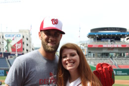 Bryce Harper and Kaylan, of Gaithersburg, before a Nats game at Nationals Park on July 2.  (Photo by Summer Grossman, courtesy of Make-A-Wish Mid-Atlantic)