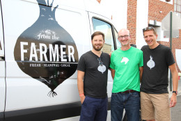 From the Farmer founders Jason Lundberg and Nick Phelps pose with a farm partner Matt Harsh of 78 Acres in Smithsburg, Maryland. (Courtesy From the Farmer) 