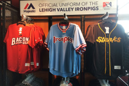 Lehigh Valley shows off their Bacon USA and Cheesesteaks theme jerseys. (WTOP/Noah Frank)