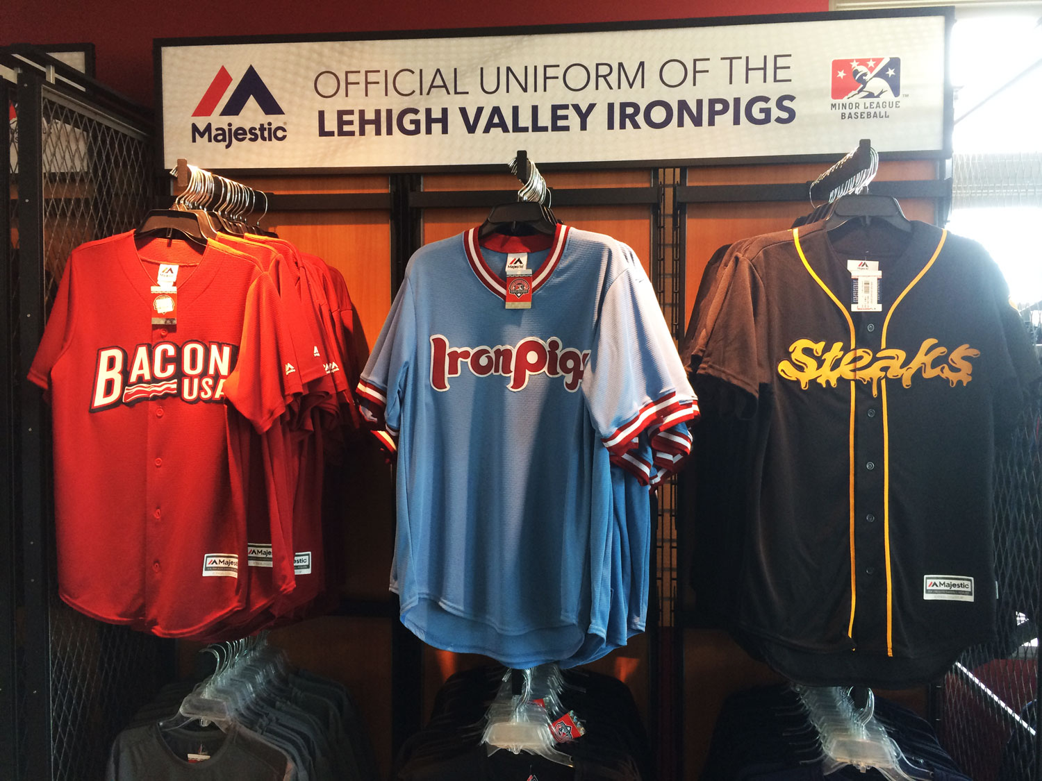 Lehigh Valley shows off their Bacon USA and Cheesesteaks theme jerseys. (WTOP/Noah Frank)