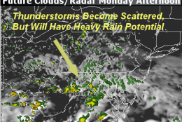 This graphic is a simulation from the RPM computer model for Monday afternoon. At the time the model was run on Sunday, it showed the potential for the steady thunderstorms from the morning to taper to scattered storms, meaning it won’t be raining everywhere all the time, but all will have the threat. Rain plans will be needed for outdoor activities. (Courtesy The Weather Company)