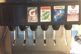 The non-soda machine outside Rose's office, offering healthier alternatives for players. (WTOP/Noah Frank)