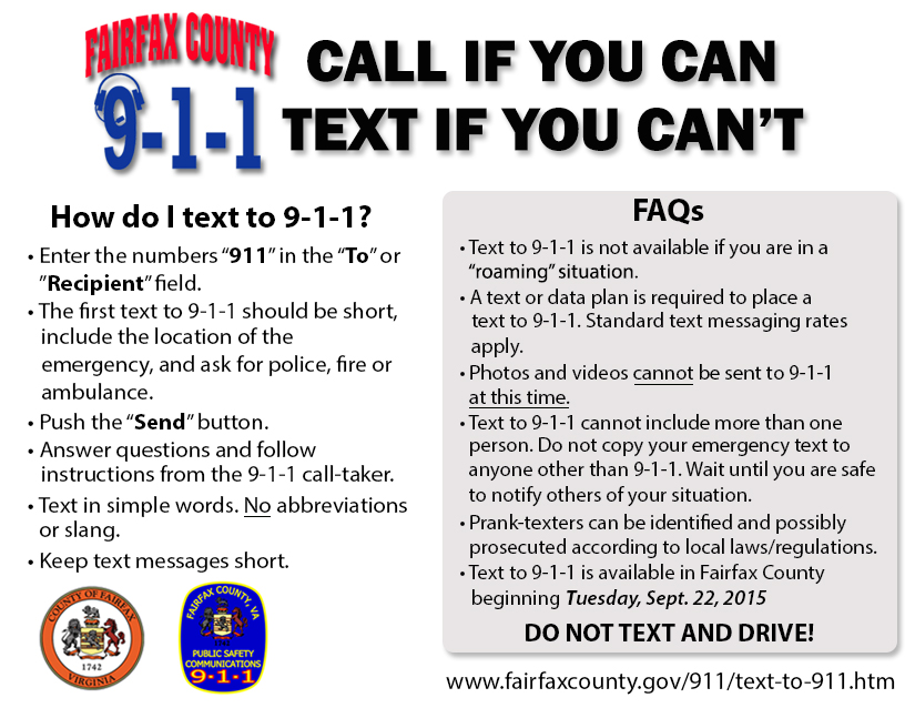 When Fairfax County launched 9-1-1 text in the fall of 2015 - public outreach efforts included informative postcards such as this. (Courtesy Fairfax County Department of Public Safety Communications)