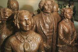 ADVANCE FOR AUG. 12-13-Near life size bronze statues at the National Women's Rights Park in Seneca Falls, N.Y. on July 25, 2000. They represent attendees of the first women's rights convention held at the nearby Weslyan Chape.   Located along U.S. 20, this highway traverses nearly the same countryside is did 201-years ago when it was originally chartered as the First Great Western Turnpike.  (AP Photo/Michael Okoniewski)