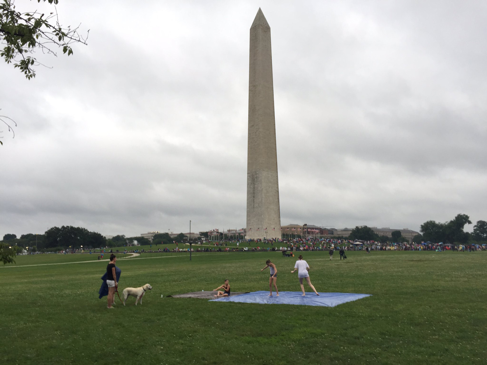 People waiting for fireworks at the National Mall made the best of the rainy weather by creating a makeshift "slip and slide" on Monday, July 4, 2016. (WTOP/Michelle Basch)