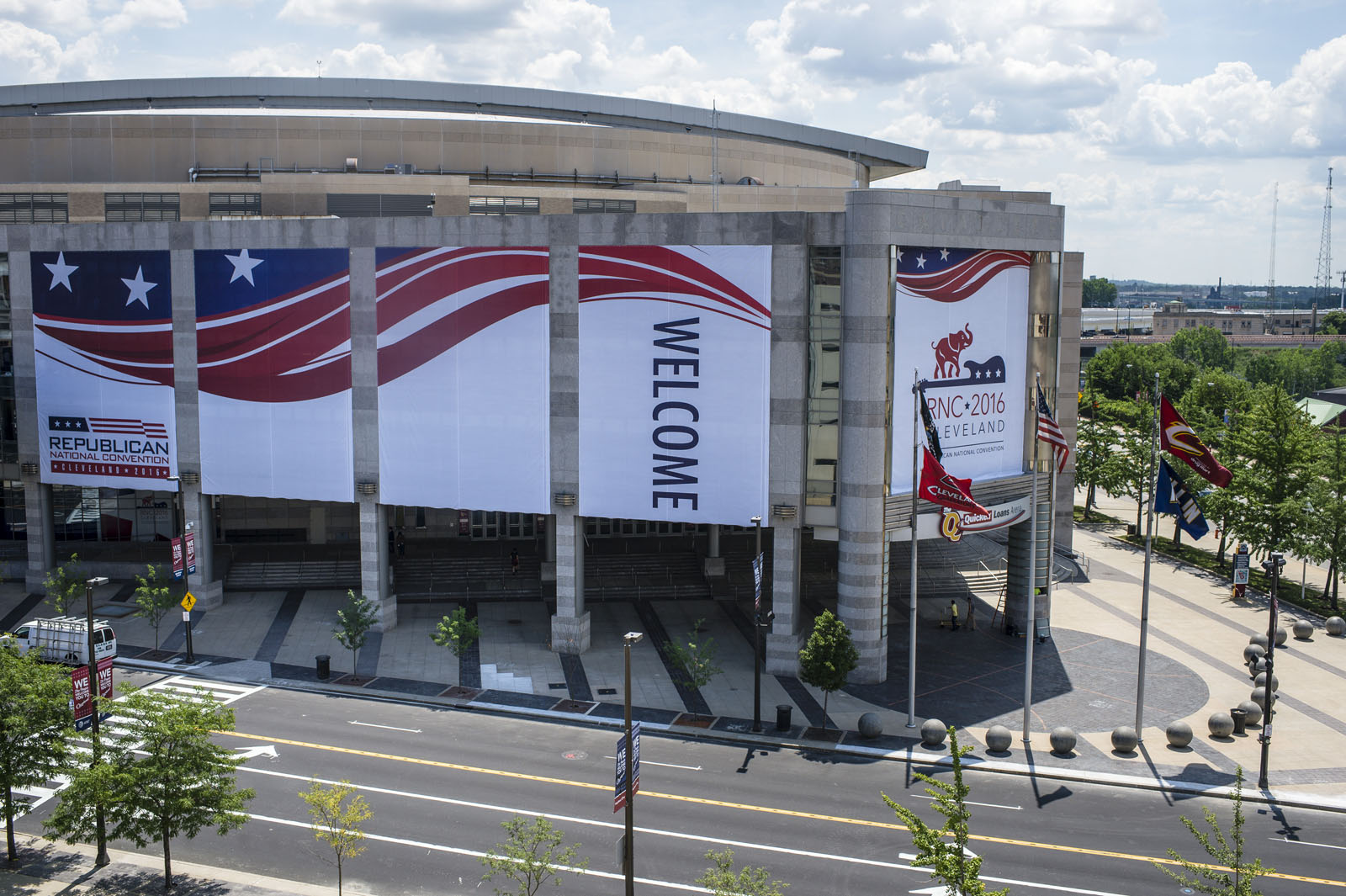 CLEVELAND, OH - JULY 11: Quicken Loans Arena is decorated to welcome the Republican National Convention on July 11, 2016 in Cleveland, Ohio. The convention will be held at the arena July 18-21, 2016. (Photo by Angelo Merendino/Getty Images)